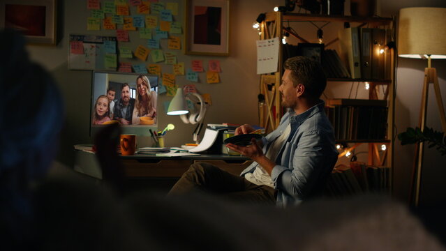 Happy friends chatting web camera online. Smiling people waving in computer