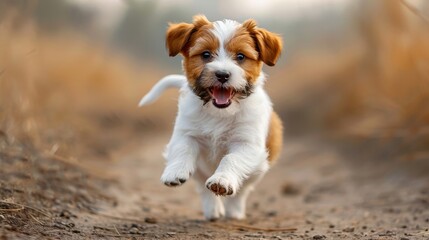 a small dog running on a dirt road