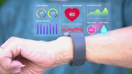 Senior man using AI smartwatch with futuristic hologram infographic display, hi-tech medical watch technology for diagnosis physical health condition, retire elderly doing exercise scanning heart rate - Powered by Adobe