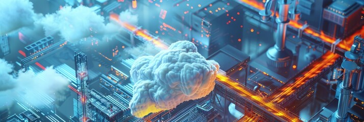 Modern industrial area aerial view and cloud computing concept. Communication network. Industry 4.0. Factory automation.