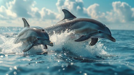 Fototapeta premium two dolphins in the ocean with their heads out of the water