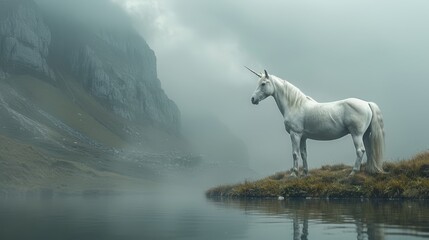 a white horse standing on a grassy island next to a body of water