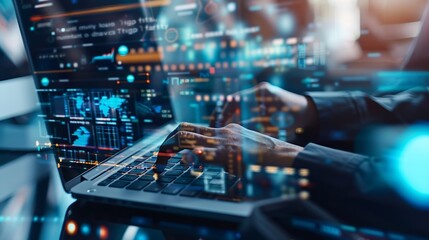 Data science digital technology concept Computer science engineer programming on laptop at office data exchange system control and data management with Ai Business and Artificial intel : Generative AI
