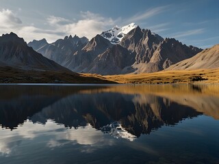 Mountain with a high-altitude lake, still and reflective, mirror-like surface, serene and tranquil, generative AI