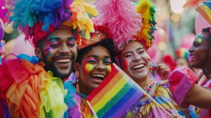 Colorful celebration at a pride parade with happy people wearing vibrant costumes and holding rainbow flags, spreading joy and love.