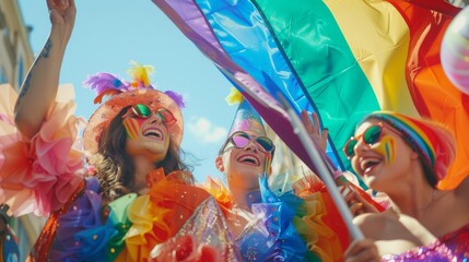 Colorful celebrants at a vibrant pride parade, dressed in rainbow attire and waving flags, enjoy a sunny day filled with joy and inclusivity.