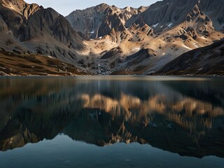Mountain with a high-altitude lake, still and reflective, mirror-like surface, serene and tranquil, generative AI