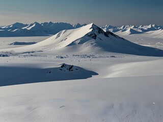 Mountain with snowfields and ice caps, endless expanses of white, cold and desolate, polar landscape, generative AI