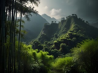 Mountain with dense bamboo forest, green and lush, mysterious and dense, Asian-inspired wilderness, generative AI