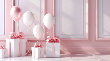 Image of balloons and presents on a pastel-coloured background.