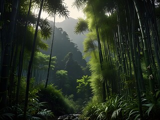 Mountain with dense bamboo forest, green and lush, mysterious and dense, Asian-inspired wilderness, generative AI