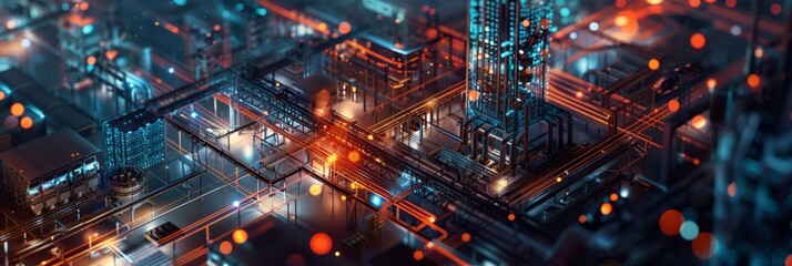 Modern industrial area aerial view and cloud computing concept. Communication network. Industry 4.0. Factory automation.