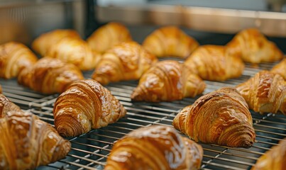 Fototapeta premium Golden brown freshly baked croissants on a cooling rack