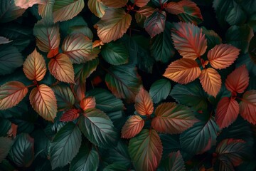 Colorful leaves against dark background, creating vibrant contrasted scene