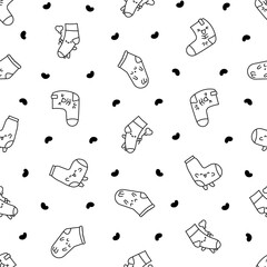 Cute kawaii socks cartoon character with different textures. Seamless pattern. Coloring Page. Hand drawn style. Vector drawing. Design ornaments.