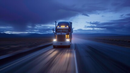 Obraz premium A lone American truck roaring down an open highway at dusk, its headlights cutting through the twilight, the surrounding landscape a blur of motion