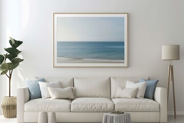 Frame mockup with a serene seascape photograph, evoking tranquility in a coastal-themed living room.