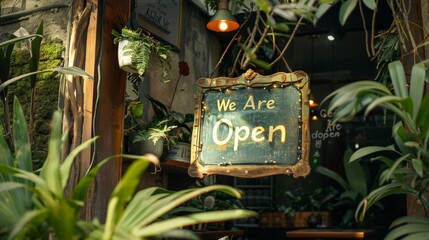 Obraz premium Rustic cafe entrance with 'We Are Open' sign surrounded by greenery. Ideal for cozy and inviting cafe promotions