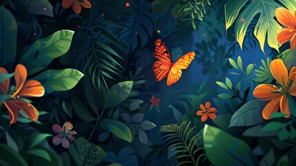 A vibrant illustration of an orange butterfly in flight, surrounded by lush green leaves and colorful flowers in the jungle. The background is a dark blue with soft lighting creating gentle shadows