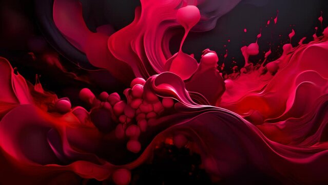 Vibrant fluid art featuring intense pink and red hues with flowing patterns. The dynamic shapes and splashes create a sense of energy and passion, evoking emotions of boldness and creativity.
