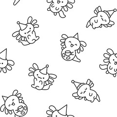 Cute kawaii little axolotl. Seamless pattern. Coloring Page. Smiling nice cartoon animal character. Hand drawn style. Vector drawing. Design ornaments.