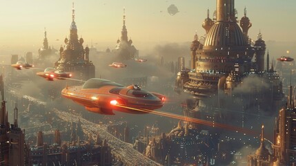 Obraz premium a futuristic city with a futuristic flying vehicle in the foreground