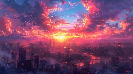 Fototapeta premium a cityscape with a sunset in the background