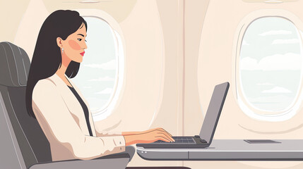 Business Woman Working on Laptop During Flight Productive Travel Illustration
