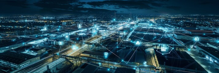 Modern industrial area aerial view and cloud computing concept. Communication network. Industry 4.0. Factory automation.