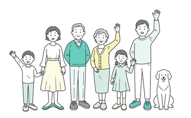 三世代の家族とペットが集合して手を振る全身イラスト