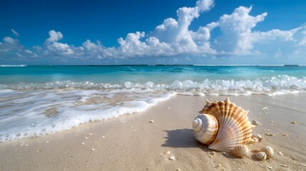 Obraz premium Landscape with shell on tropical beach. Summer concept. 