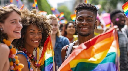 Fototapeta premium A diverse group of people celebrating at a pride parade, smiling and holding rainbow flags in a joyous outdoor setting.