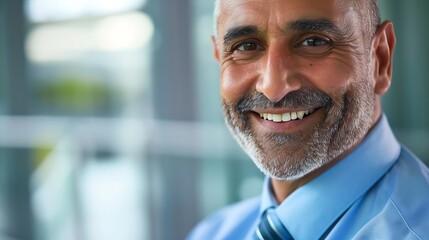 Obraz premium Headshot close up portrait of indian or latin confident mature good looking middle age leader ceo male businessman on blur office background Handsome hispanic senior business man smili : Generative AI
