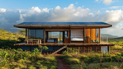 Fototapeta premium A minimalist eco-hostel with sustainable features such as rainwater harvesting and solar power
