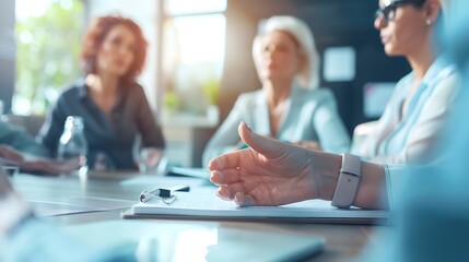 Obraz premium Project manager having a discussion with her team in a meeting Business woman giving a presentation in an office boardroom Team of professionals working together on a project : Generative AI
