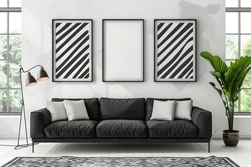 Frame mockup with a set of monochrome graphic patterns, offering a chic contrast in a modern living room.