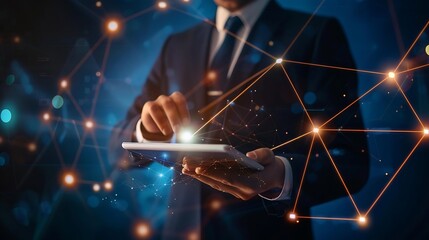 Global internet network connection global business internet of thing concept Business man using digital tablet social networking digital marketing internet technology futuristic tech b : Generative AI