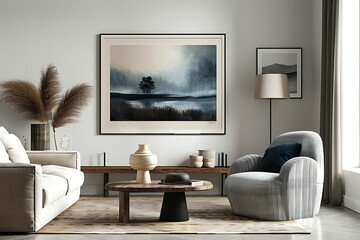 Frame mockup with a surreal landscape painting, adding an artistic touch to a modern minimalist living room.