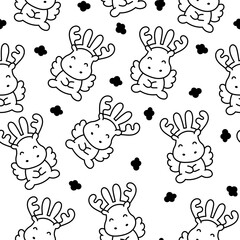 Cute kawaii moose character. Seamless pattern. Coloring Page. Cartoon funny wild animal. Hand drawn style. Vector drawing. Design ornaments.