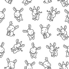 Cute kawaii moose character. Seamless pattern. Coloring Page. Cartoon funny wild animal. Hand drawn style. Vector drawing. Design ornaments.