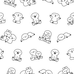 Cute kawaii baby sloth. Seamless pattern. Coloring Page. Cartoon funny animal character. Hand drawn style. Vector drawing. Design ornaments.