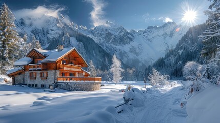 a house in the snow with mountains in the background