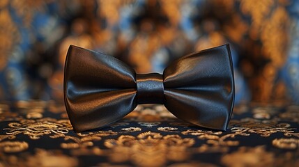 a bow tie on a table with a blue and gold background - Powered by Adobe