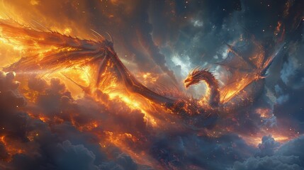 a large fire breathing dragon flying through the sky