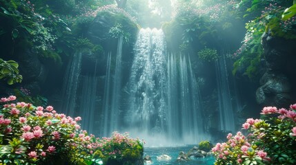 a waterfall with pink flowers in the foreground - Powered by Adobe