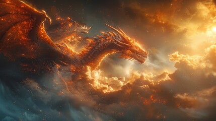 a dragon flying through the sky with a fire in its mouth - Powered by Adobe