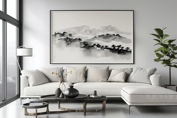 Frame mockup with a zen-inspired ink wash painting, promoting tranquility in a modern Asian-influenced living room.
