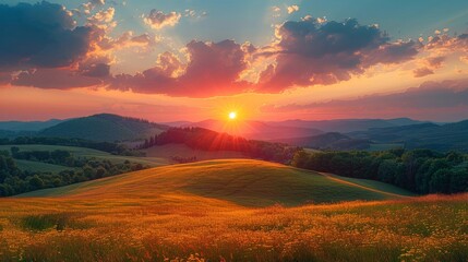 a beautiful sunset over a grassy hill with a field of flowers