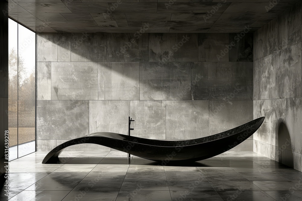 Wall mural Modern minimalist lounge with a unique black chaise longue, set in a sleek and stylish interior