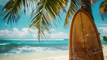 Surfboard leaning on palm tree near tropical beach with clear skies and turquoise waters